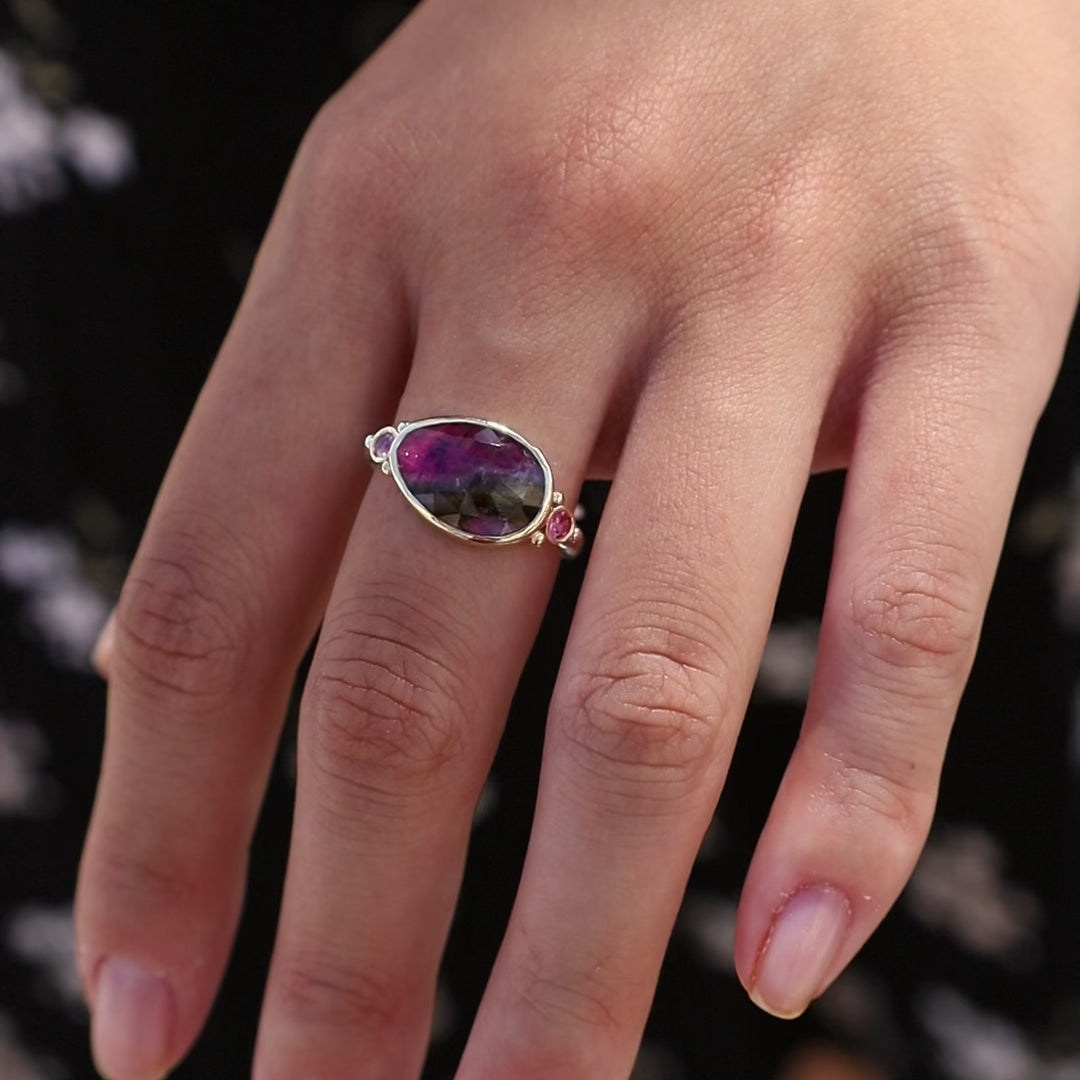 14K Yellow Gold & Sterling Silver Pink Striped Tourmaline with Sapphires Ring