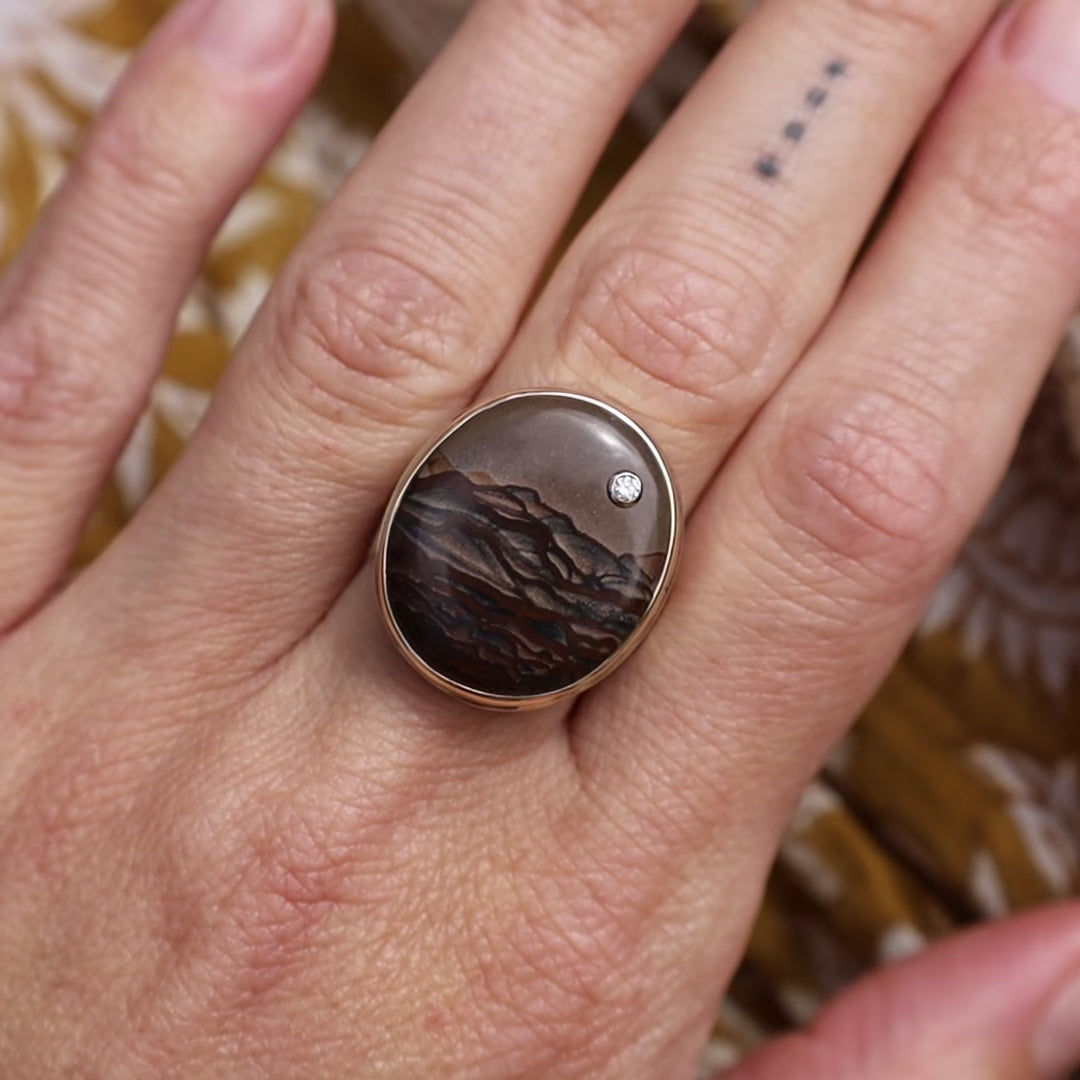 Load and play video in Gallery viewer, Sterling &amp;amp; 14K Gold Ring with Vertical Oval Deschutes Jasper &amp;amp; Diamond
