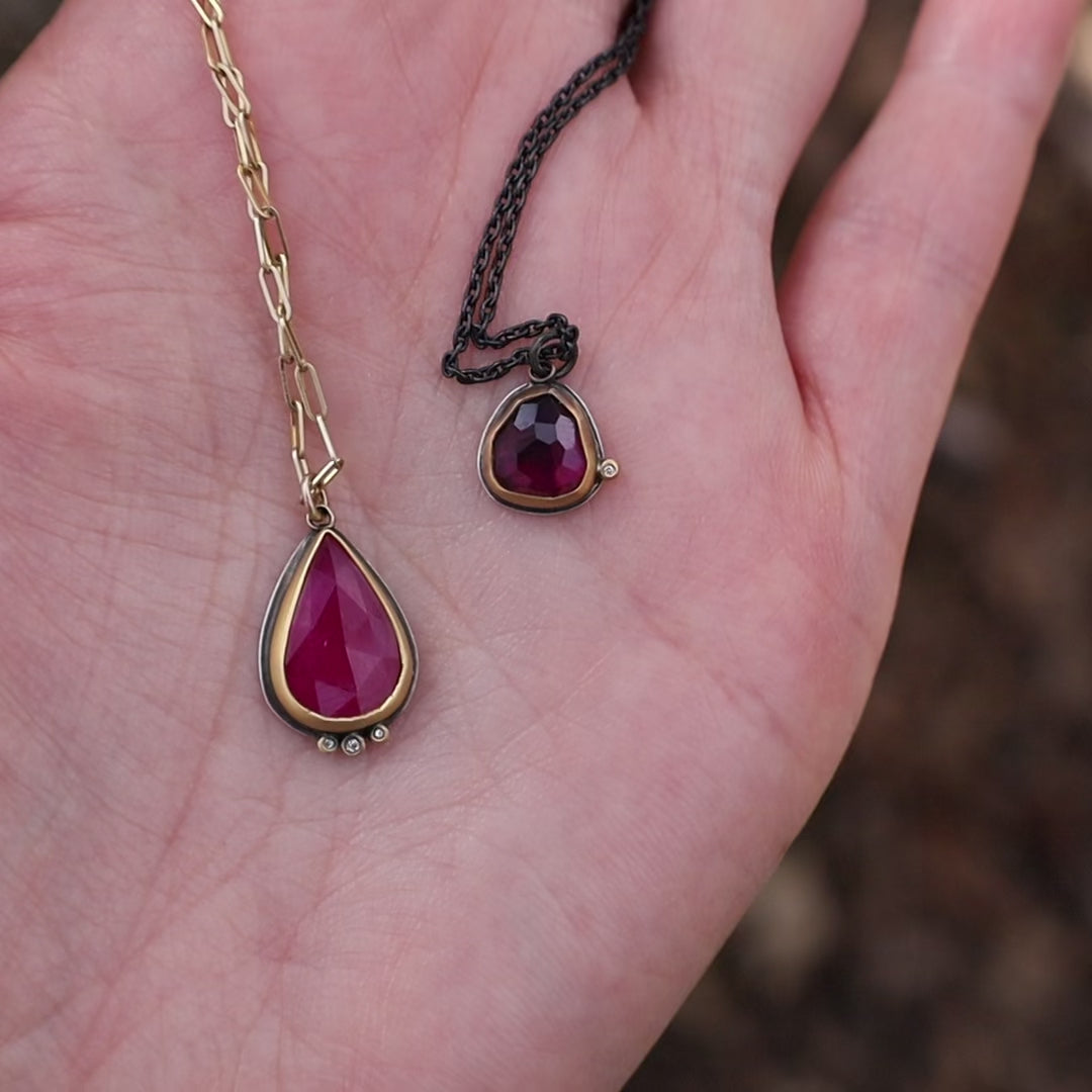 22k Bezel set Rosecut Teardrop Ruby Necklace with 3 Diamonds 22k Bezel set Rosecut Teardrop Ruby Necklace with 3 Diamonds