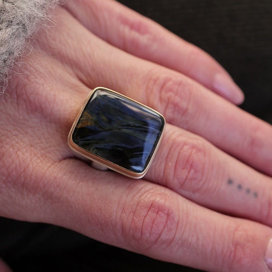 Load and play video in Gallery viewer, Jamie Joseph Vertical Rectangular Smooth Pietersite Ring
