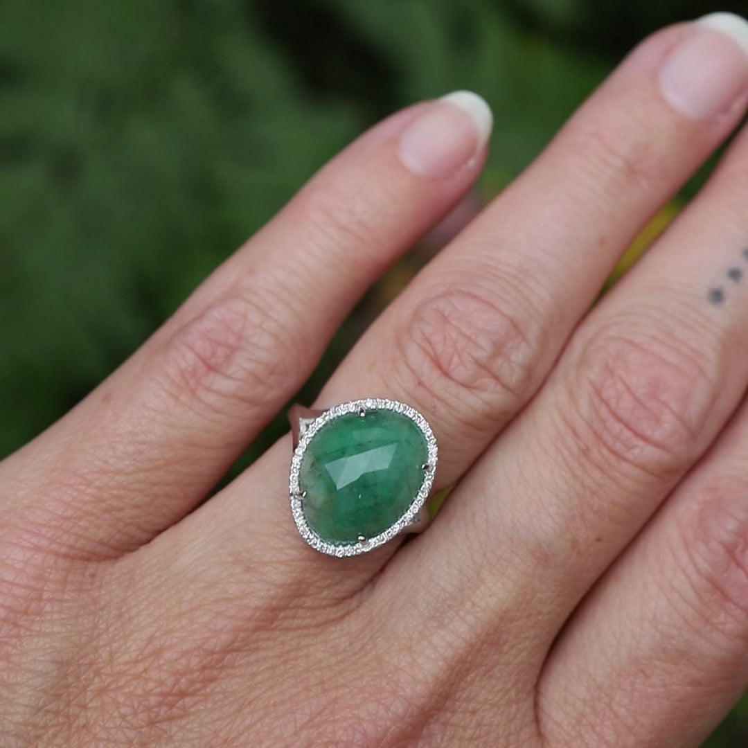 14k White Gold One of a Kind Organic Shape Emerald Ring