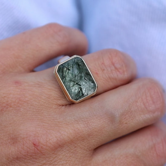 Load and play video in Gallery viewer, Sterling &amp;amp; 14K Gold Ring with Small Rectangular Inverted Green Rutilated Quartz
