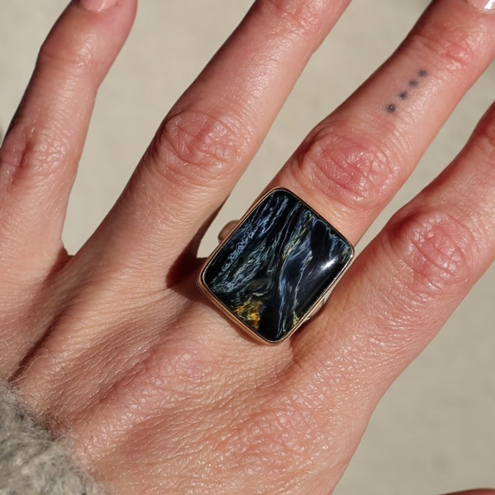 
                  
                    Load and play video in Gallery viewer, Jamie Joseph Vertical Rectangular Smooth Pietersite Ring
                  
                