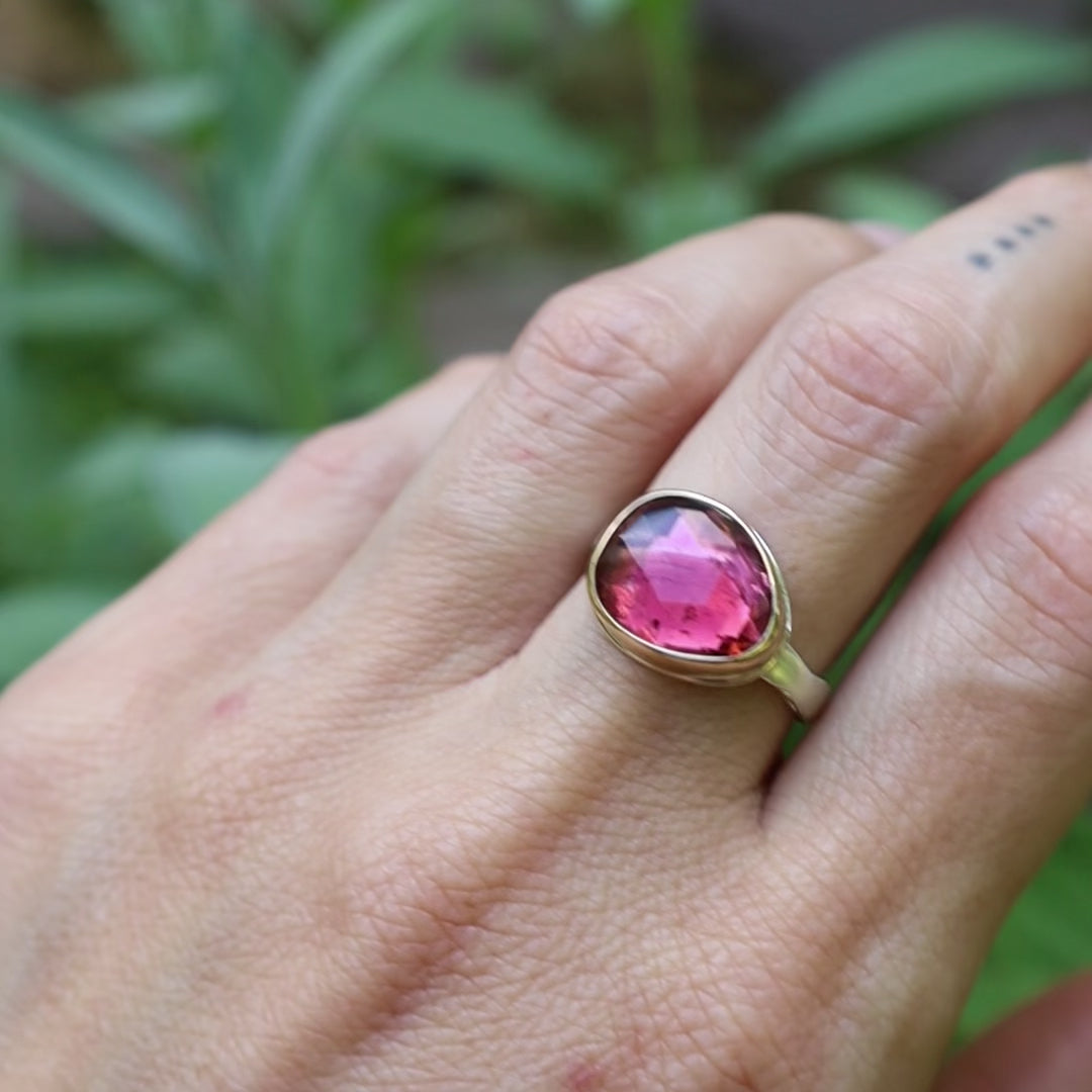 Load and play video in Gallery viewer, Sterling &amp;amp; 14K Gold Ring with Small Asymmetrical Rose Cut Pink Tourmaline
