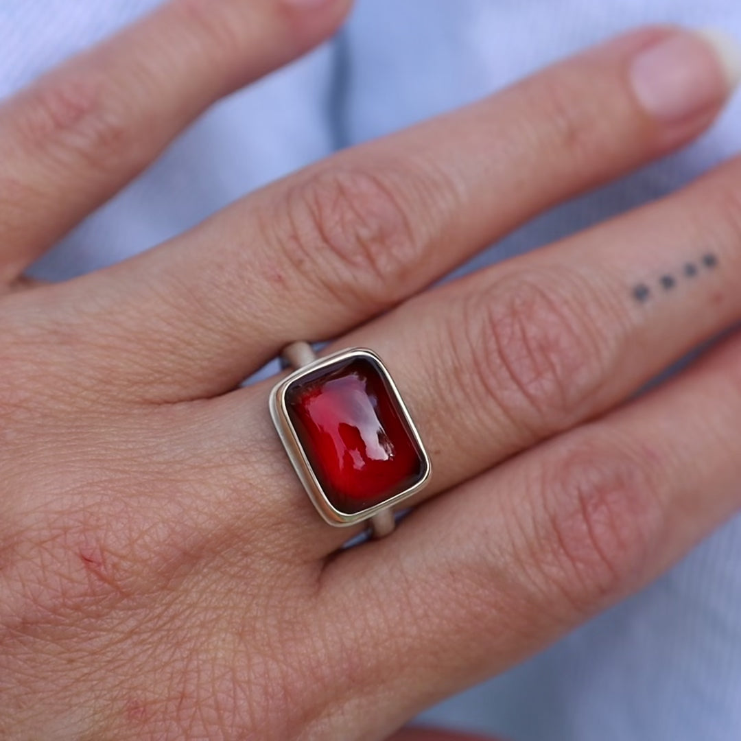 Load and play video in Gallery viewer, Sterling &amp;amp; 14K Gold Ring with Small Rectangular Smooth Hessonite Garnet
