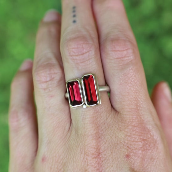 Load and play video in Gallery viewer, Sterling &amp;amp; 14K Gold Ring with Double Rectangular Inverted Garnet and Diamond
