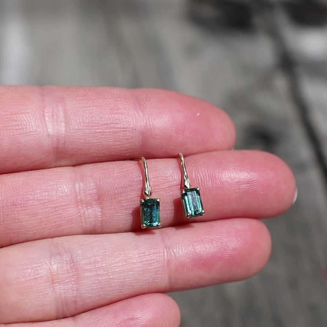 14k Gold Emerald Cut Blue Green Tourmaline Earrings