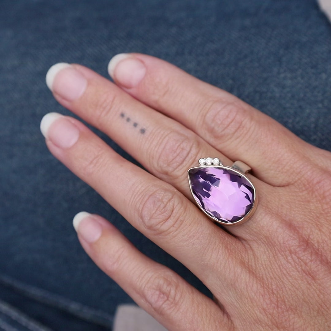 Jamie Joseph Vertical Inverted Teardrop Amethyst & Triple Satellite Diamond Ring