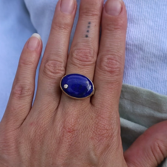 Load and play video in Gallery viewer, Sterling &amp;amp; 14K Gold Ring with Oval Smooth Lapis &amp;amp; Diamond
