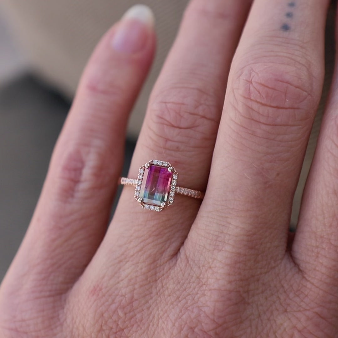 Bicolor Tourmaline with White Diamond Halo Ring