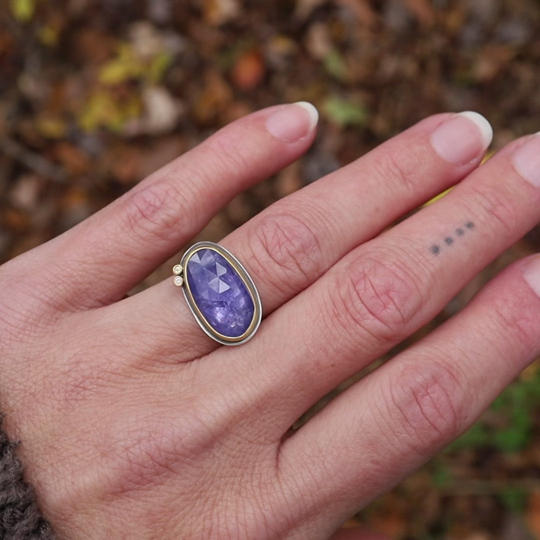 Two Diamond Dots Rose Cut Tanzanite Ring