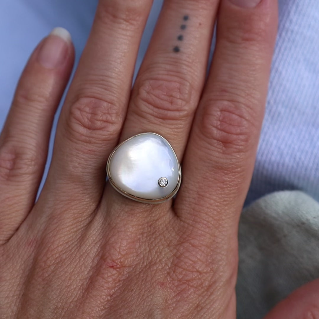 Load and play video in Gallery viewer, Sterling &amp;amp; 14K Gold Ring with Asymmetrical Smooth Mother of Pearl &amp;amp; Diamond

