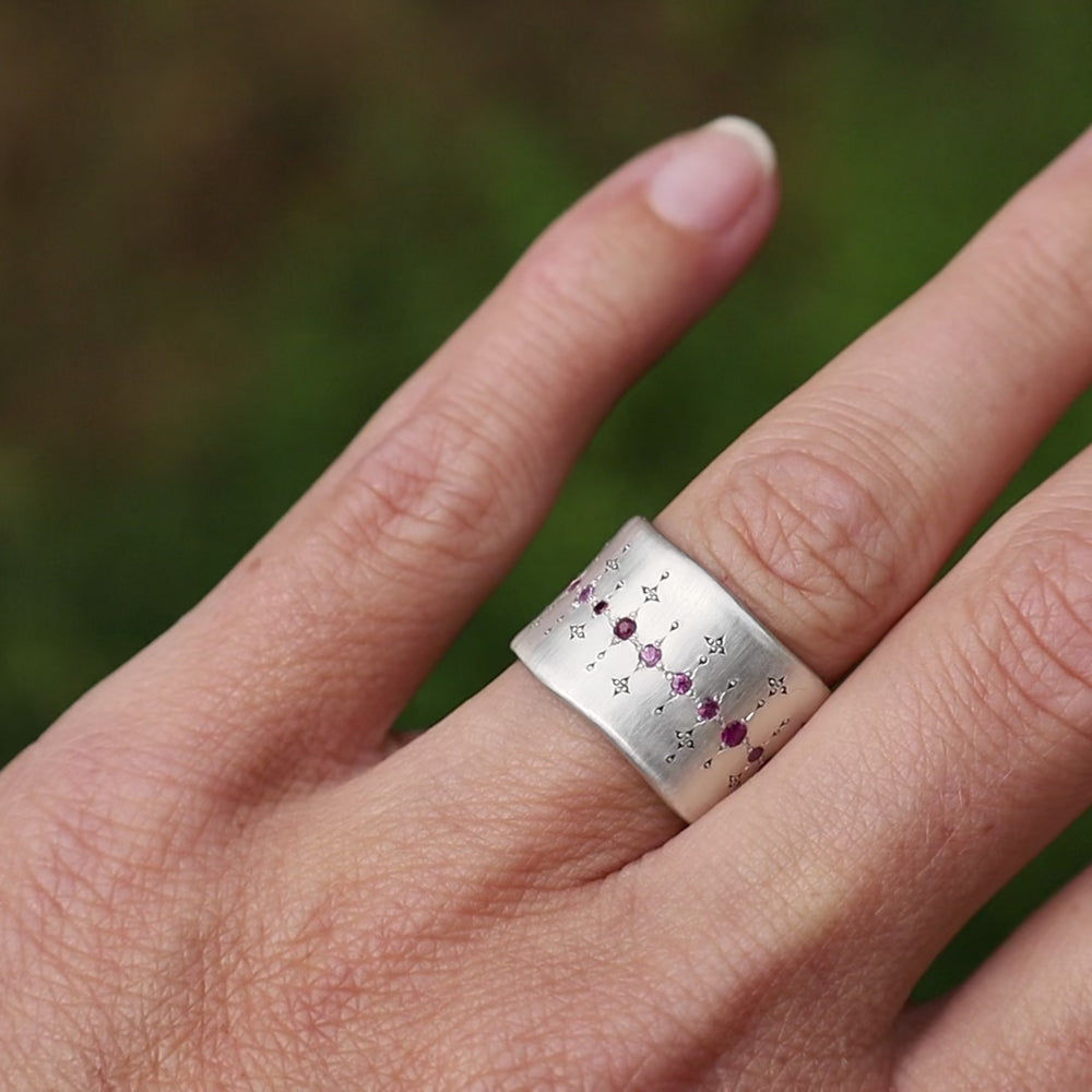 
                      
                        Load and play video in Gallery viewer, Single Organic Wide Band in Pink Sapphire &amp;amp; Ruby
                      
                    