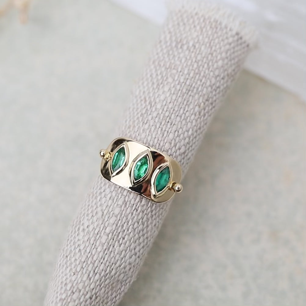 Triple Marquise Emerald Solid Gold Plate Ring