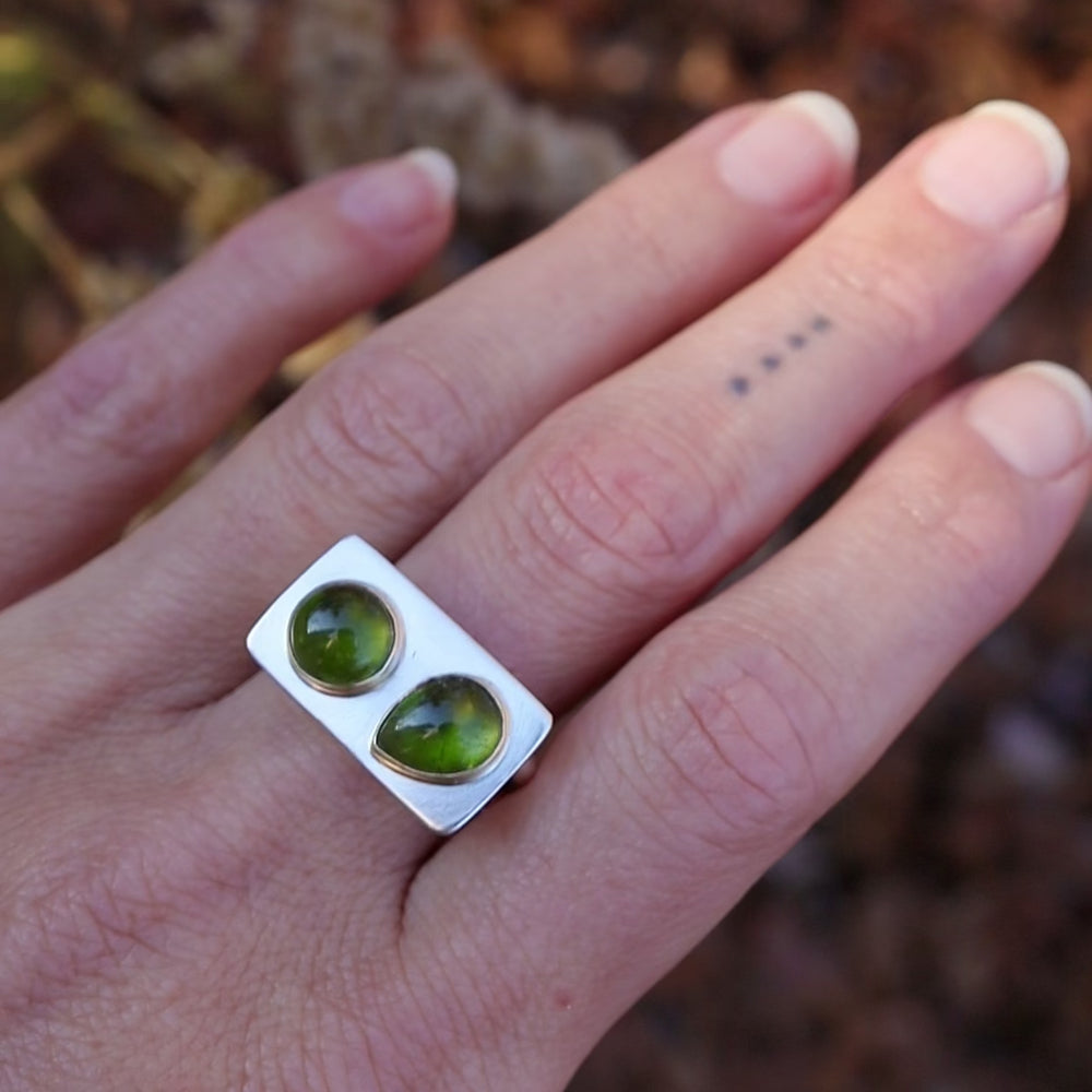 
                  
                    Load and play video in Gallery viewer, Two Stone Green Tourmaline Monument Ring
                  
                