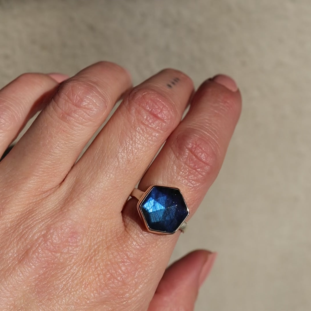 Load and play video in Gallery viewer, Jamie Joseph Small Hexagonal Rose Cut Labradorite Ring
