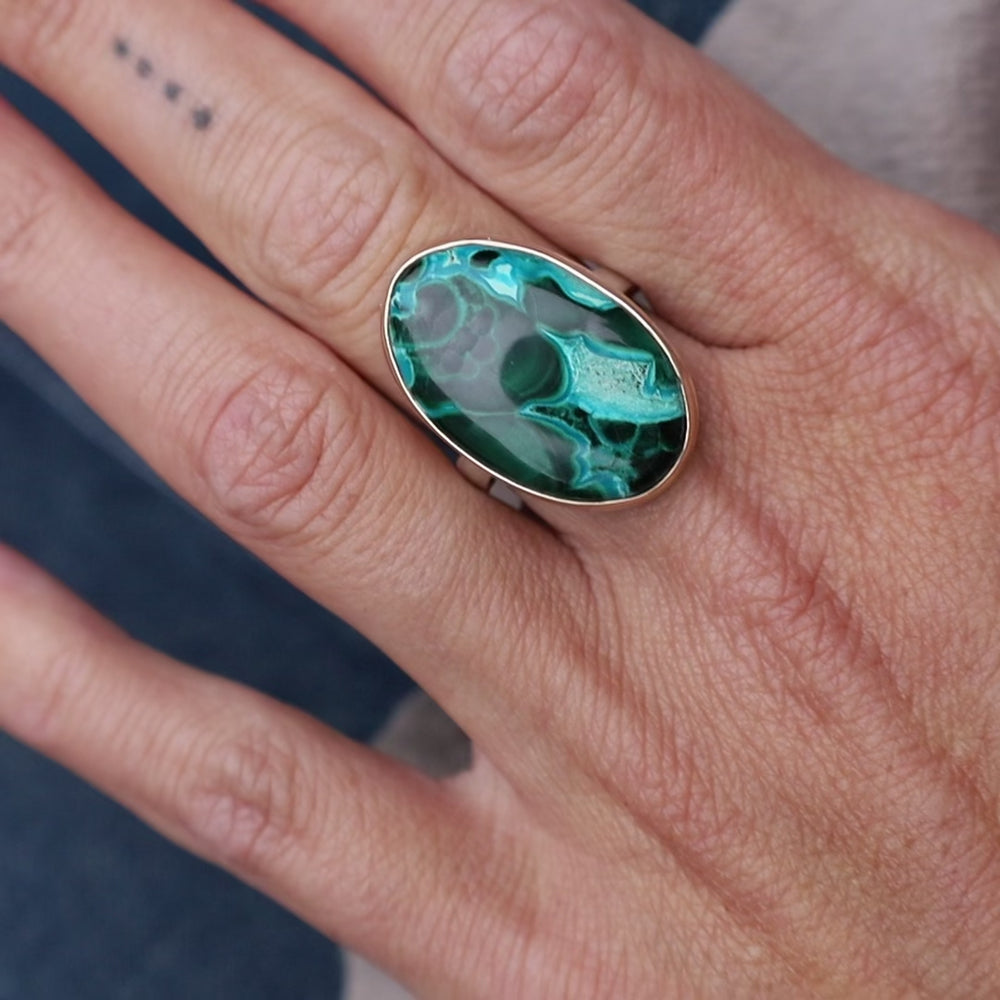 
                      
                        Load and play video in Gallery viewer, Jamie Joseph Vertical Oval Malachite Chrysocolla Ring
                      
                    