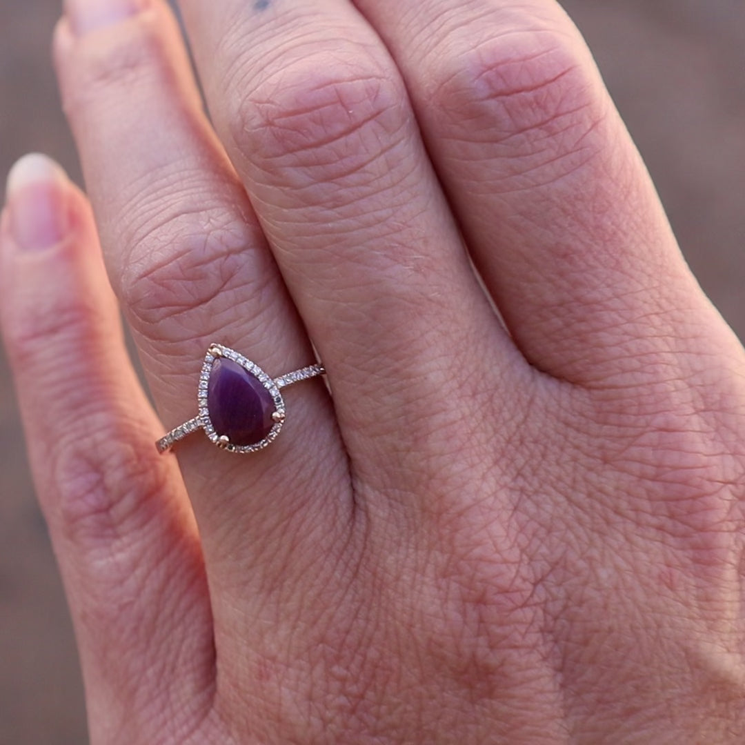 Load and play video in Gallery viewer, Drop Shape Ruby with White Diamond Halo &amp;amp; Shoulders Ring
