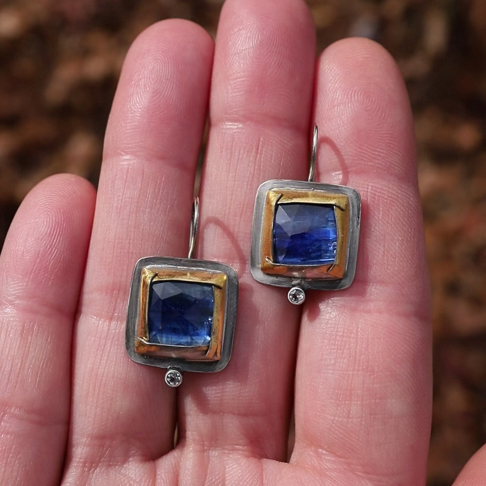 
                  
                    Load and play video in Gallery viewer, Blue Kyanite Square Fold Earrings
                  
                