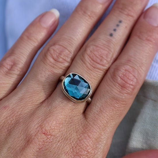 Load and play video in Gallery viewer, Sterling &amp;amp; 14K Gold Ring with Small Oval Rose Cut London Blue Topaz

