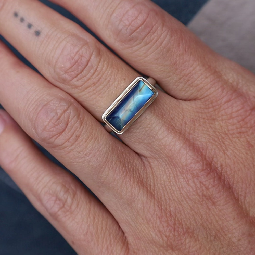 
                      
                        Load and play video in Gallery viewer, Jamie Joseph Extra Small Rectangular Inverted Blue Rainbow Moonstone Ring
                      
                    