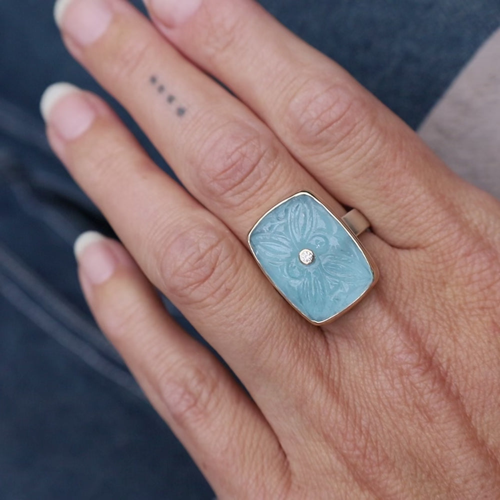 
                      
                        Load and play video in Gallery viewer, Jamie Joseph Vertical Rectangular Hand Carved Aquamarine &amp;amp; Diamond Ring
                      
                    