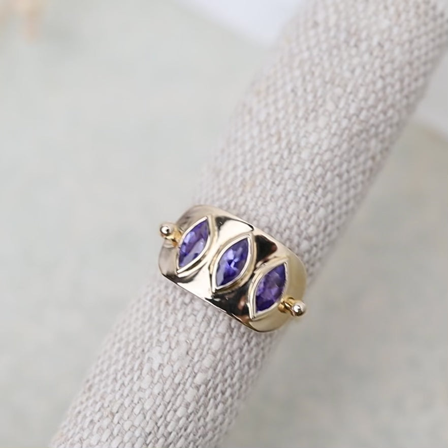 
                      
                        Load and play video in Gallery viewer, Triple Marquise Tanzanite Solid Gold Plate Ring
                      
                    