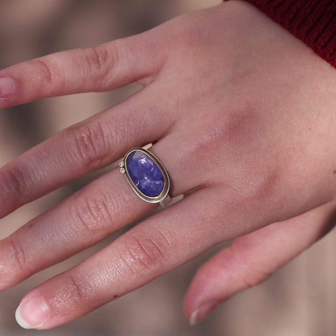 Two Diamond Dots Rose Cut Tanzanite Ring