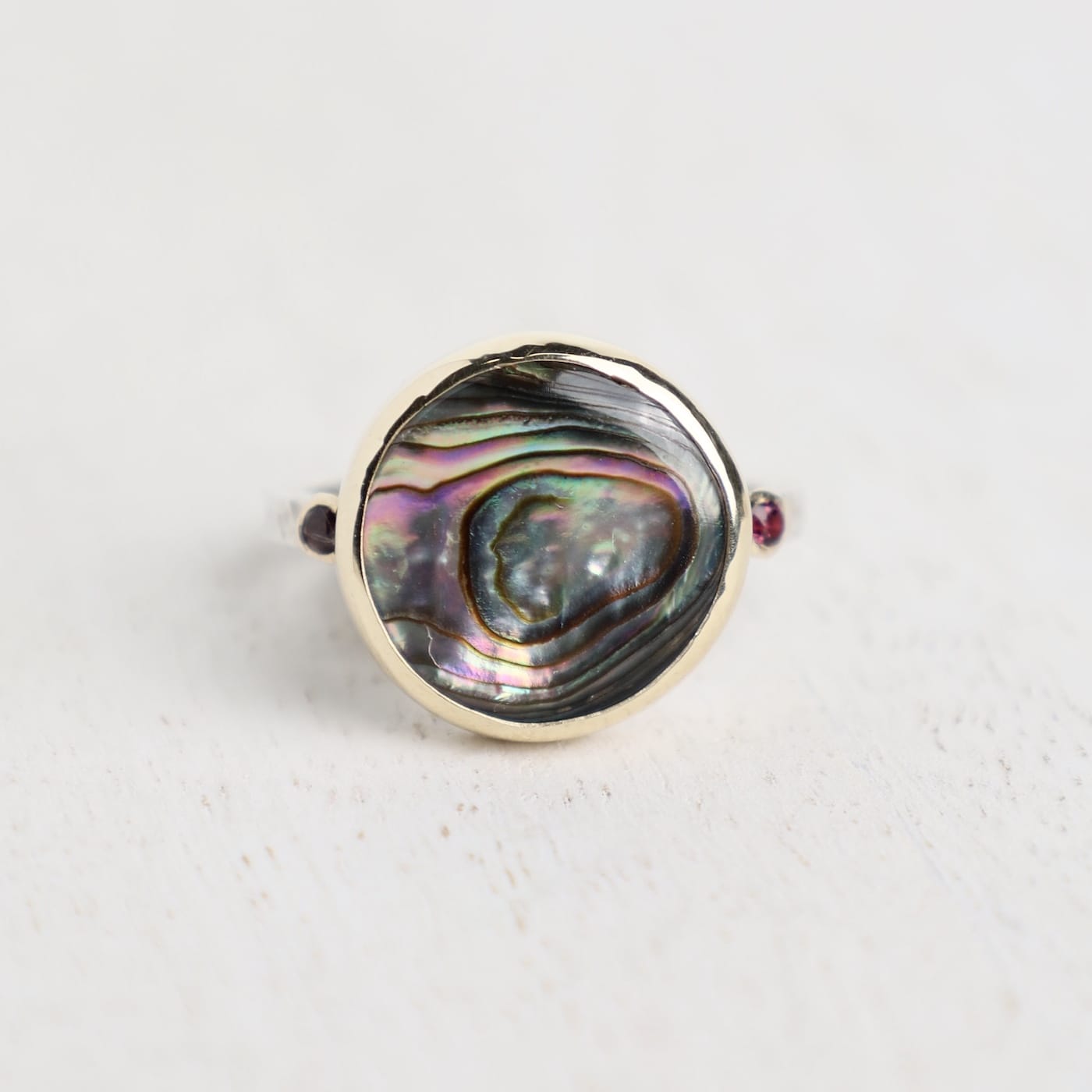 RNG 14 Gold and Sterling Silver Abalone Ring with Rhodolites