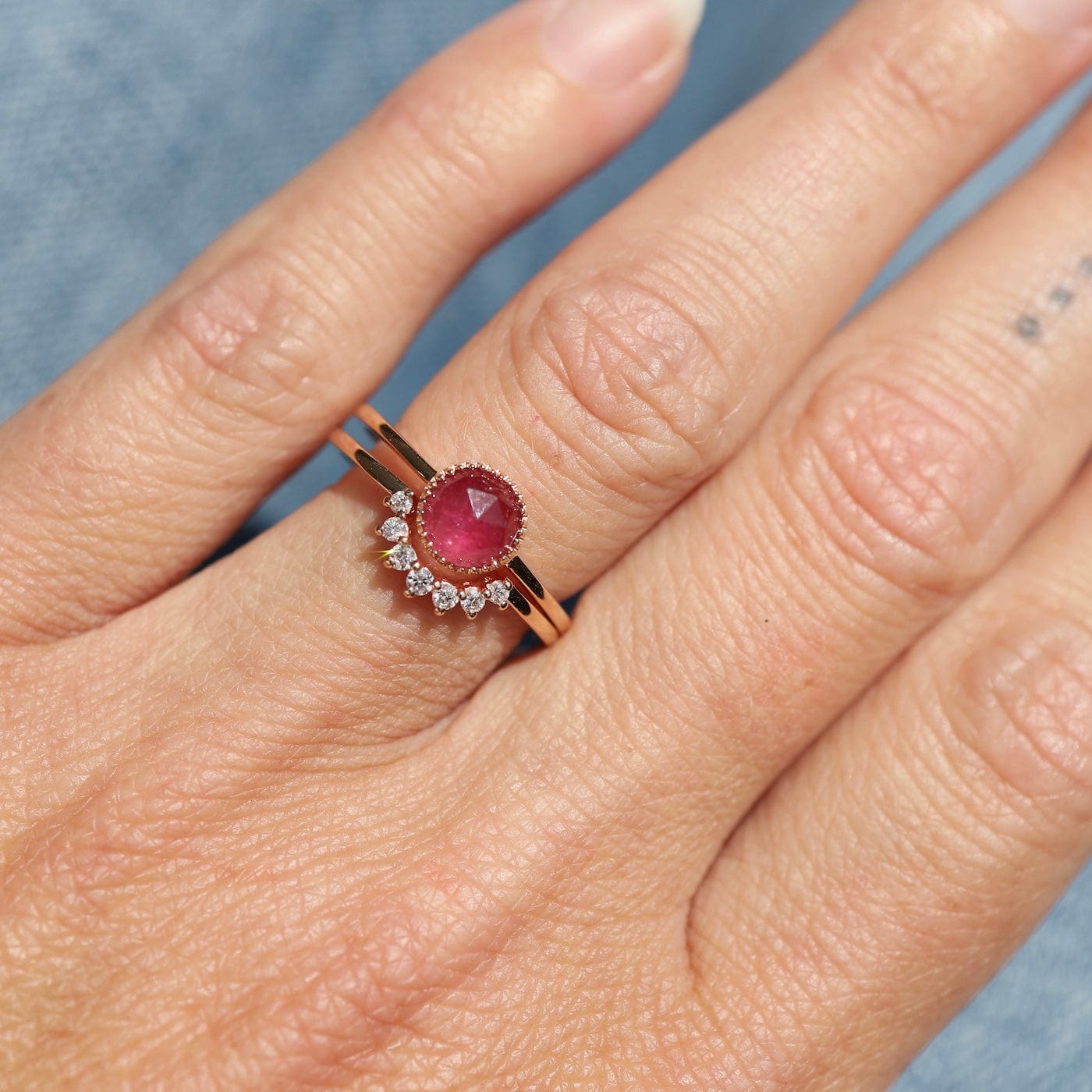 RNG-14K 14K Aura Two Ring Set With Bezel Set Pink Tourmaline