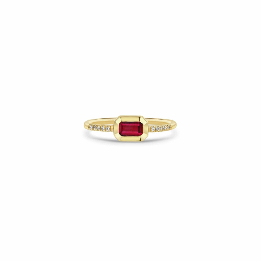 RNG-14K 14k Emerald Cut Ruby Bezel Pavé Diamond Band Ring