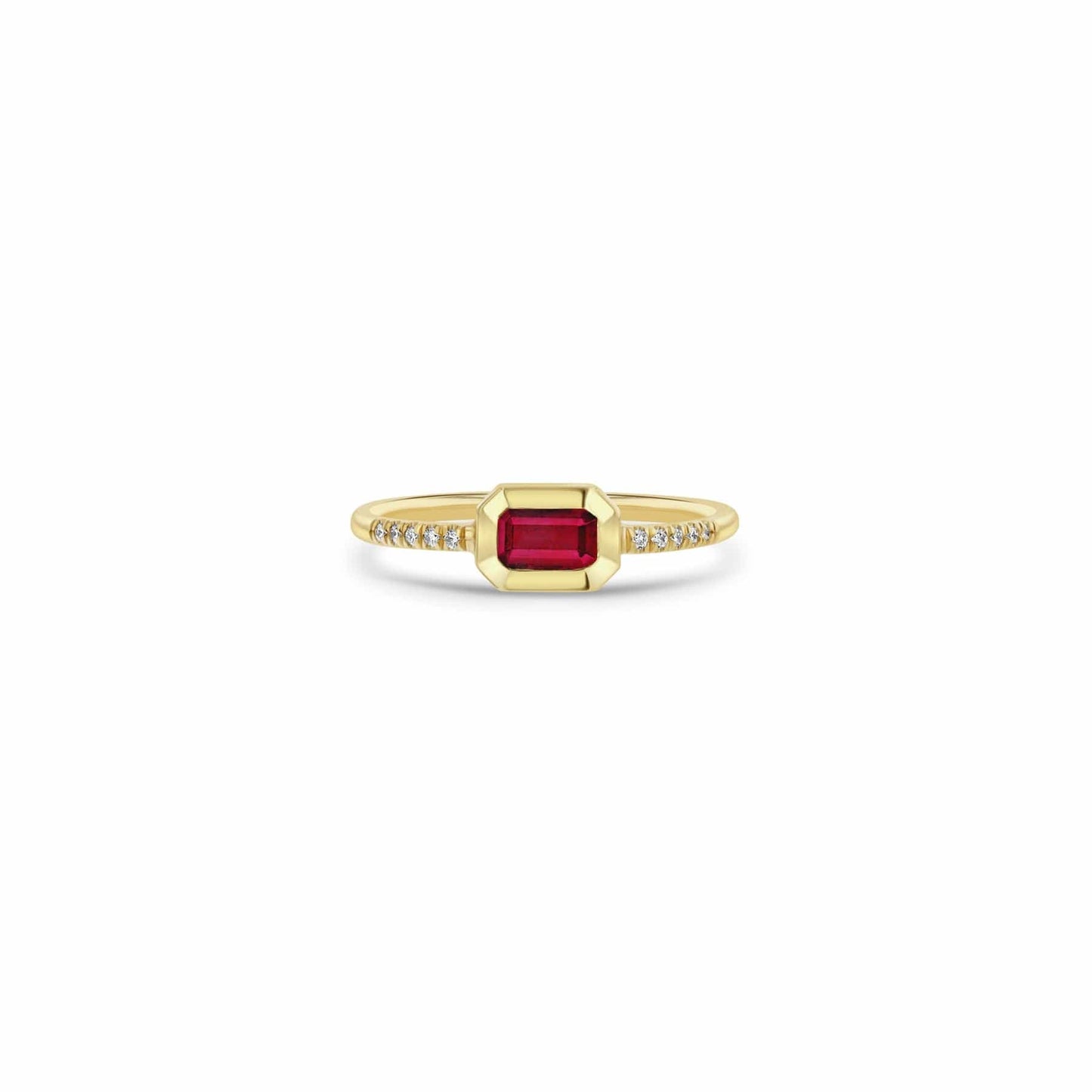 RNG-14K 14k Emerald Cut Ruby Bezel Pavé Diamond Band Ring