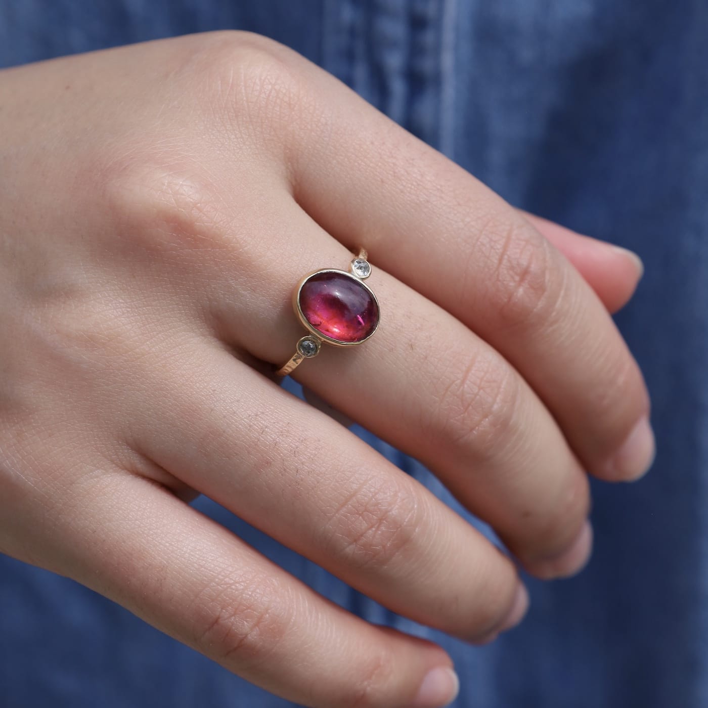 RNG-14K 14K Pink Tourmaline Cabochon Ring with Diamonds