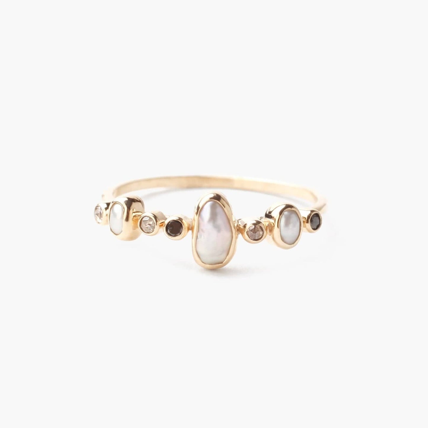 RNG-14K 14k Ring with Freshwater Pearls, Tiny Grey & Black Diamonds