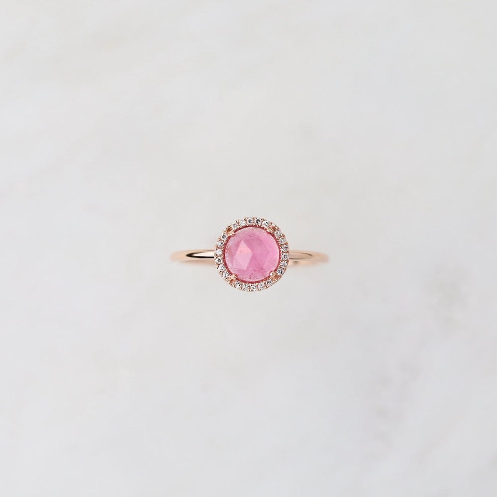 
                      
                        RNG-14K 14k Rose Gold Rose Cut Pink Tourmaline Ring with Diamond Halo
                      
                    