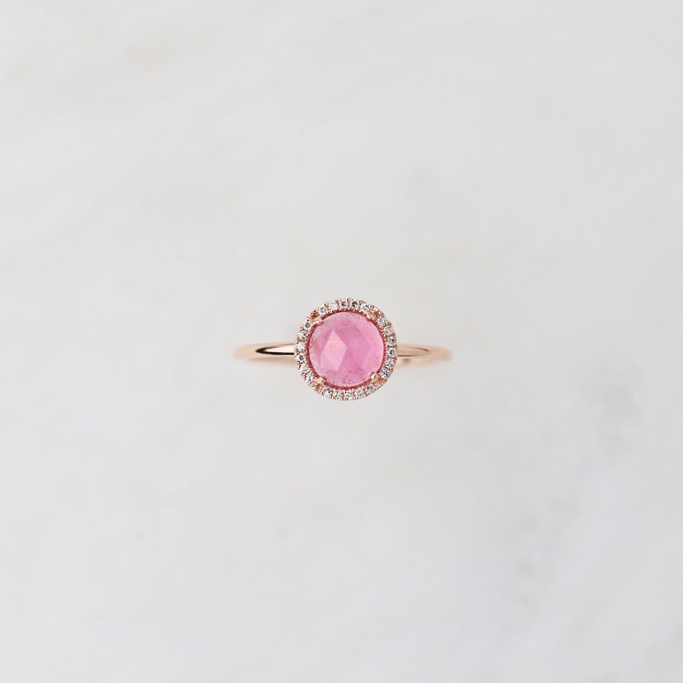 RNG-14K 14k Rose Gold Rose Cut Pink Tourmaline Ring with Diamond Halo