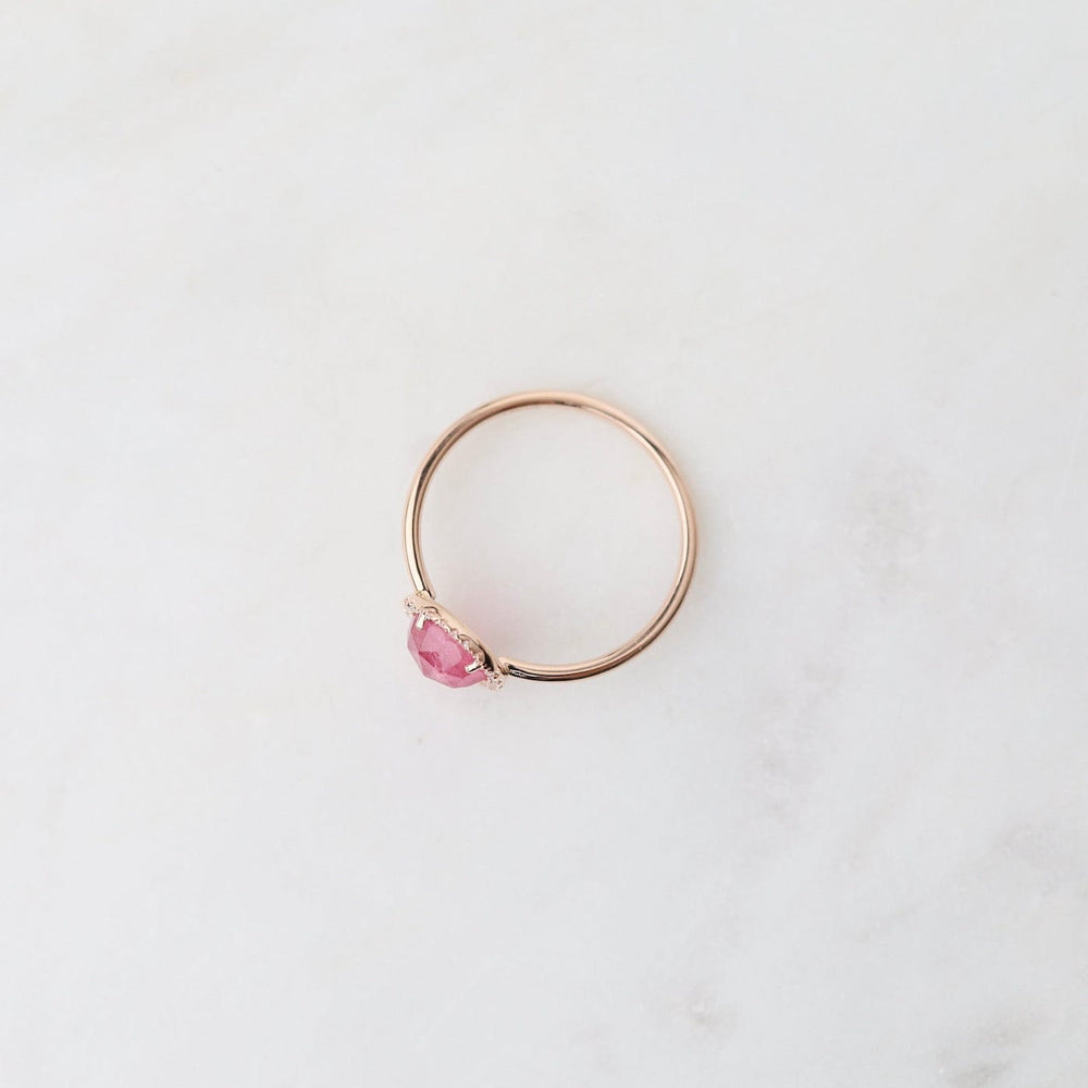 
                      
                        RNG-14K 14k Rose Gold Rose Cut Pink Tourmaline Ring with Diamond Halo
                      
                    