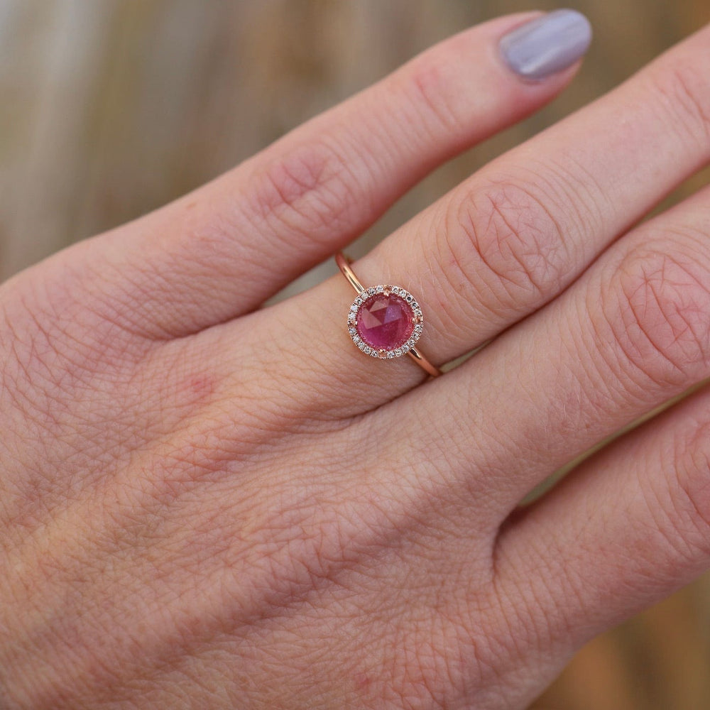 
                      
                        RNG-14K 14k Rose Gold Rose Cut Pink Tourmaline Ring with Diamond Halo
                      
                    