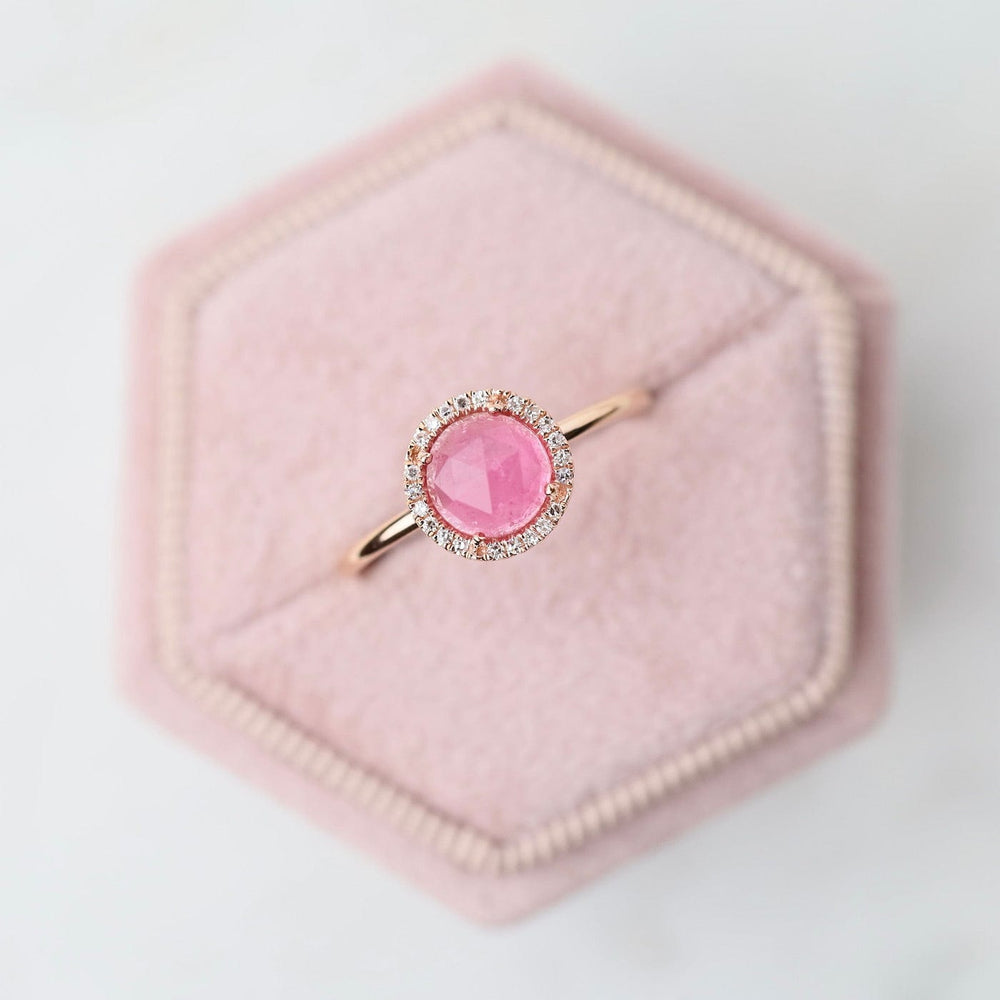 
                      
                        RNG-14K 14k Rose Gold Rose Cut Pink Tourmaline Ring with Diamond Halo
                      
                    