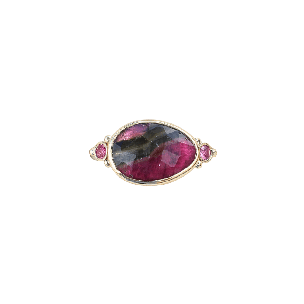 RNG-14K 14K Yellow Gold & Sterling Silver Pink Striped Tourmaline with Sapphires Ring