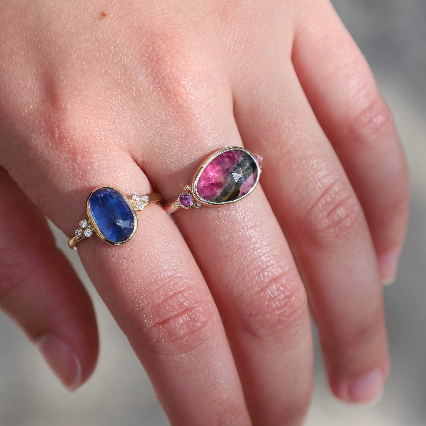 RNG-14K 14K Yellow Gold & Sterling Silver Pink Striped Tourmaline with Sapphires Ring