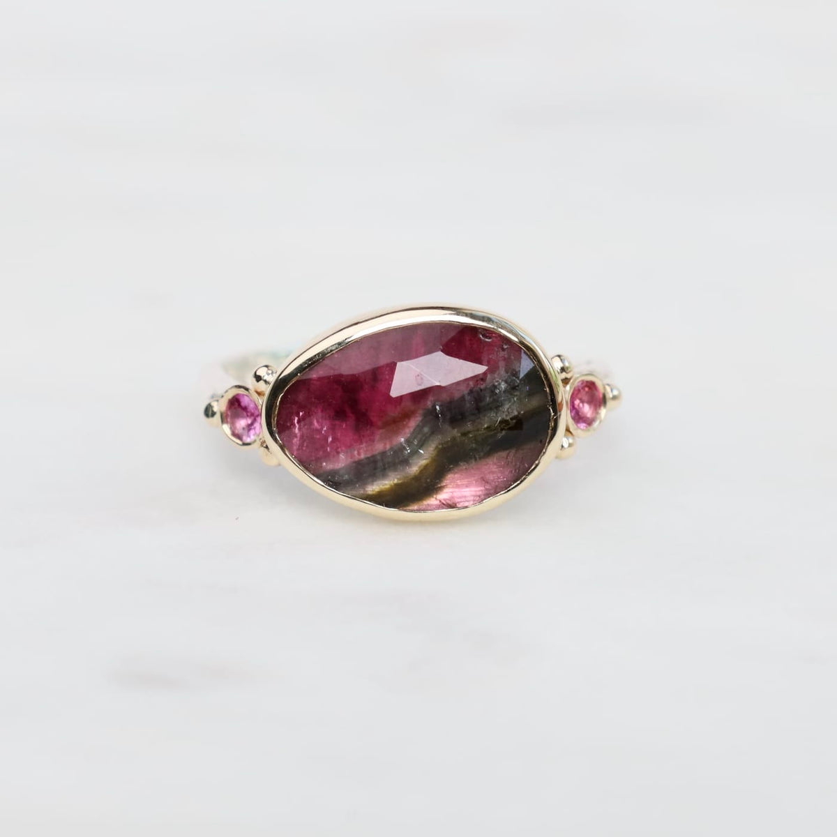 RNG-14K 14K Yellow Gold & Sterling Silver Pink Striped Tourmaline with Sapphires Ring