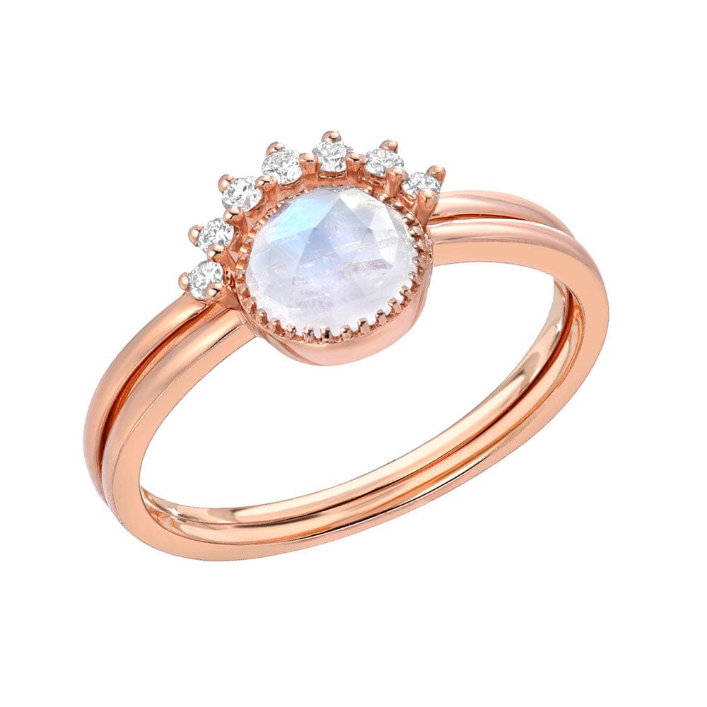 RNG-14K Aura Two Ring Set with Bezel Set Rainbow Moonstone