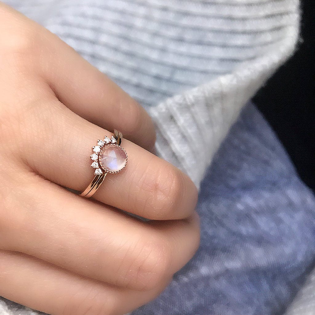 RNG-14K Aura Two Ring Set with Bezel Set Rainbow Moonstone