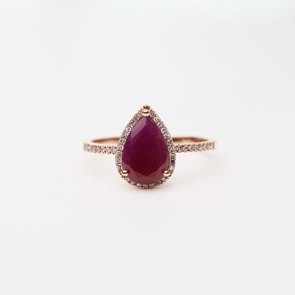 
                      
                        RNG-14K Drop Shape Ruby with White Diamond Halo & Shoulders Ring
                      
                    