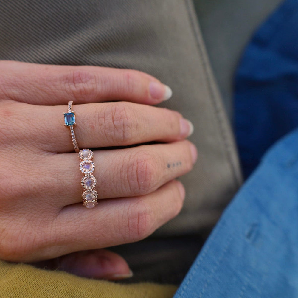 RNG-14K Emerald Cut London Blue Topaz with White Diamond Shoulders Ring