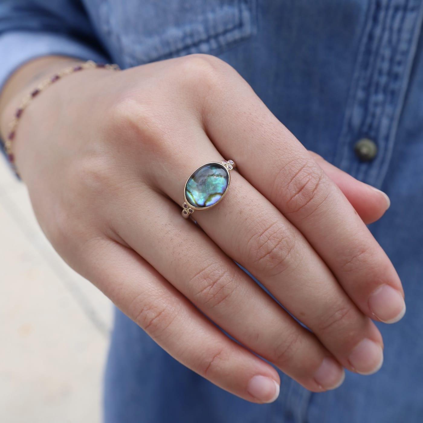 RNG 14k Gold and Sterling Silver Abalone Cabochon Ring with Pink Sapphires