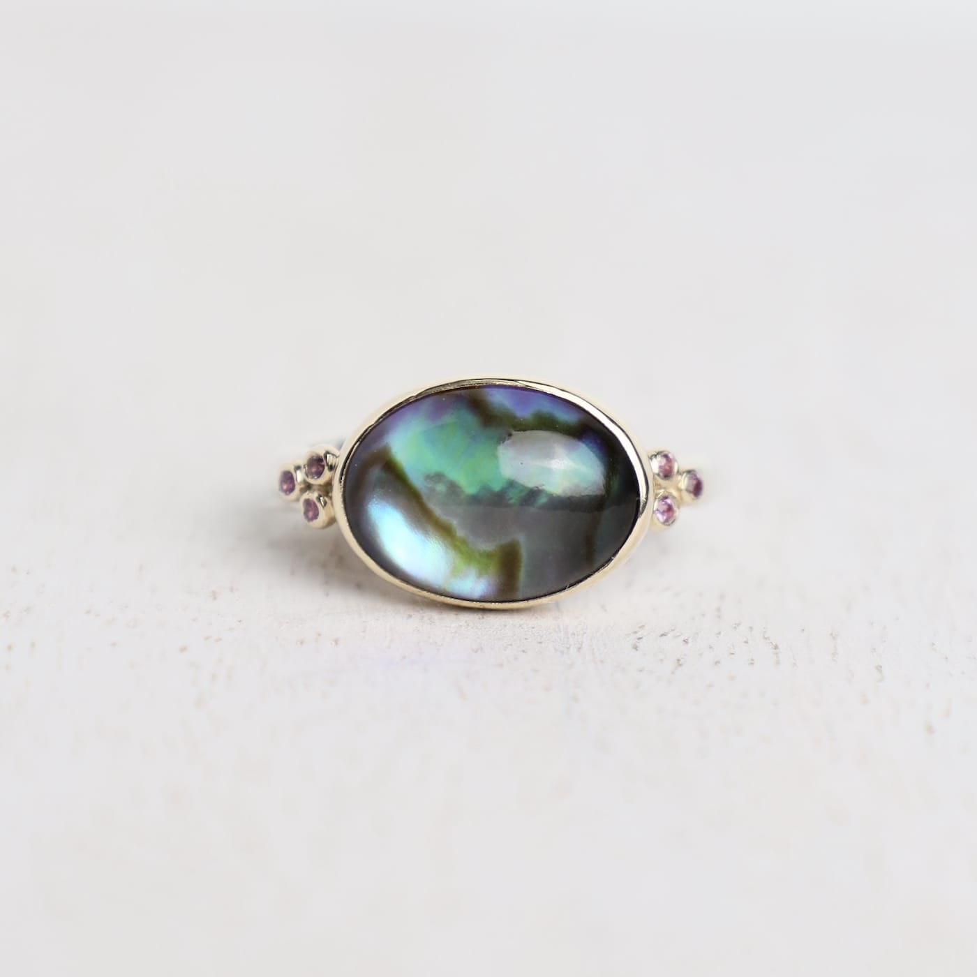 RNG 14k Gold and Sterling Silver Abalone Cabochon Ring with Pink Sapphires