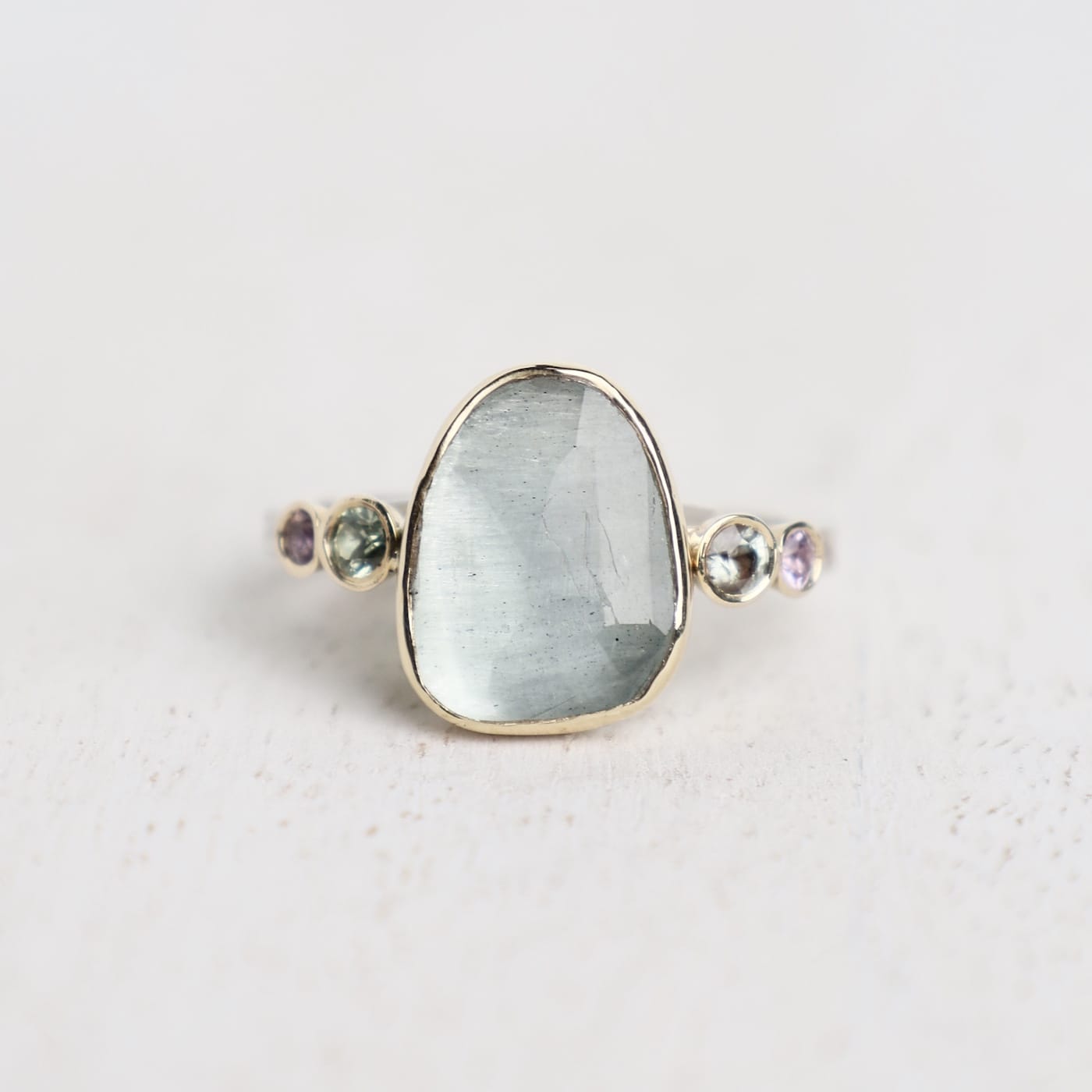 RNG 14k Gold and Sterling Silver Aquamarine Ring with Green and Pink Sapphires
