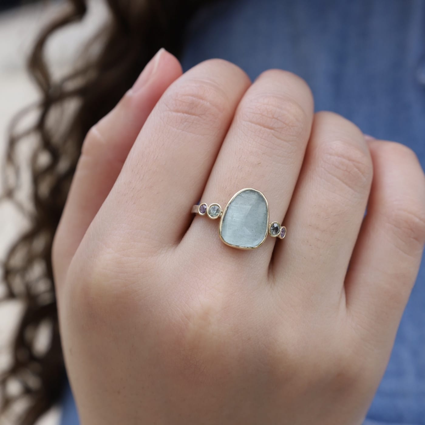 RNG 14k Gold and Sterling Silver Aquamarine Ring with Green and Pink Sapphires